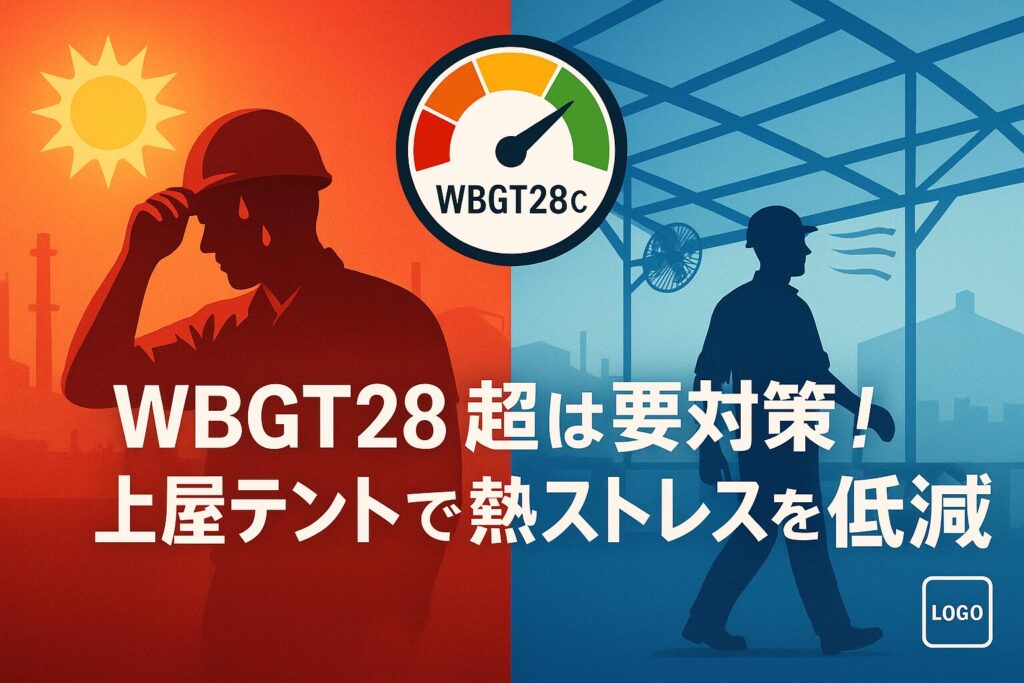 「炎天下で作業する従業員と上屋テント内で涼しく作業する従業員を対比し、WBGT計と『熱中症対策義務化』のコピーが配置されたサムネイル画像