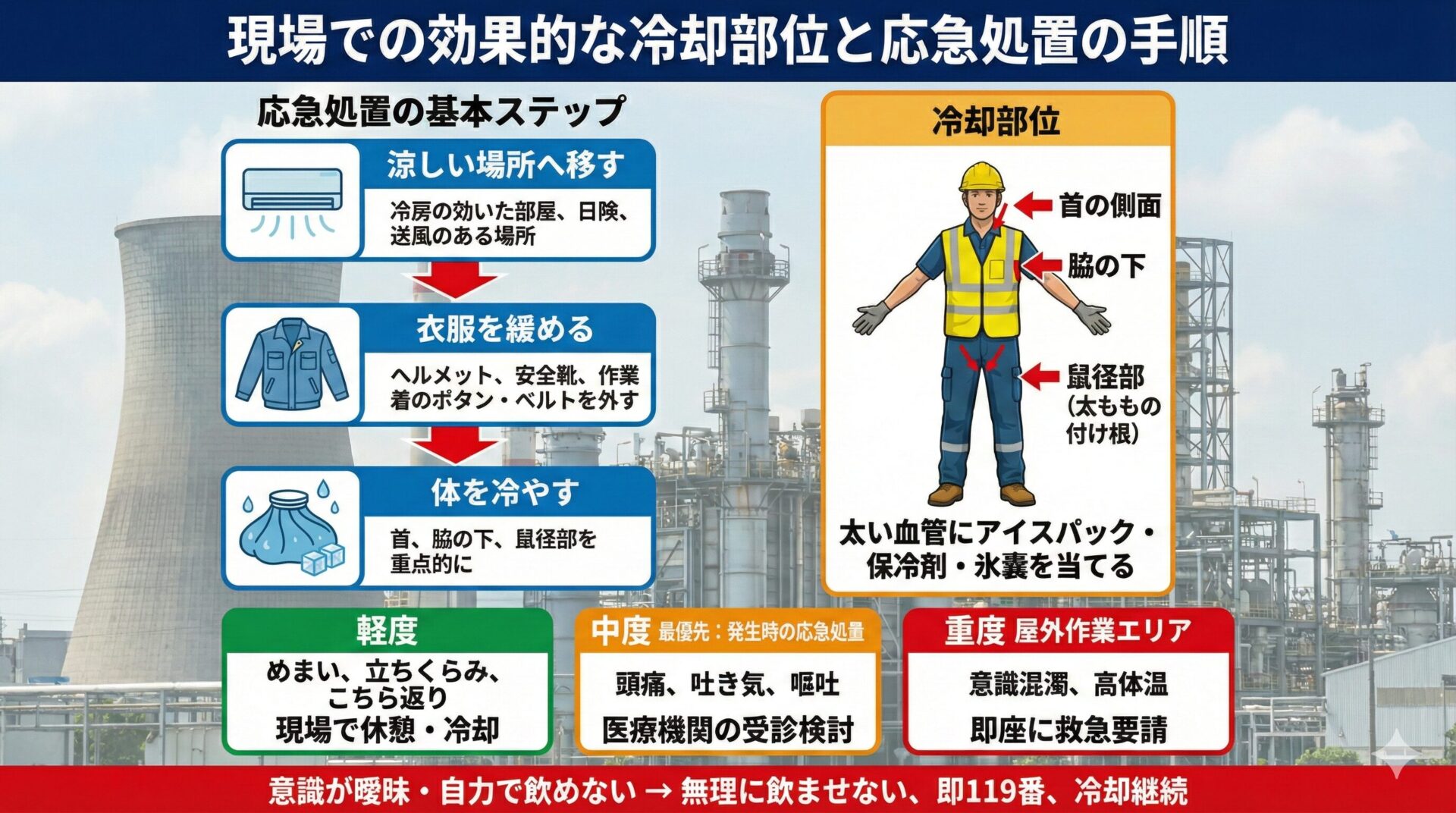 現場での効果的な冷却部位と応急処置の手順